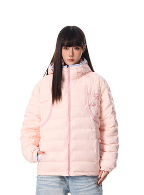 SREK冬季时尚简约甜美风连帽棉服女宽松轻薄保暖外套粉色拉链棉衣