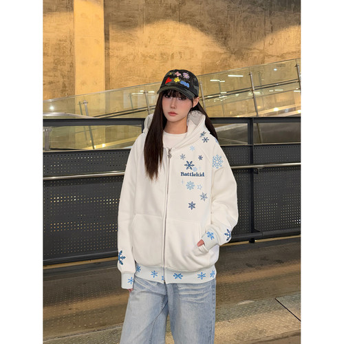 SREK新款卡通风雪花连帽开衫卫衣外套男女宽松拉链外套白色情侣款