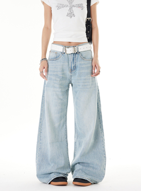 SREK美式复古浅蓝色水洗做旧牛仔裤长裤女2025新款宽松百搭裤子