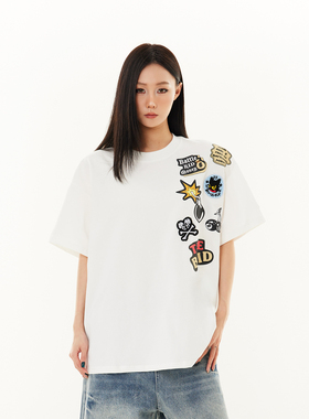 SREK美式复古卡通刺绣短袖T恤男女夏季圆领设计感小众宽松上衣潮