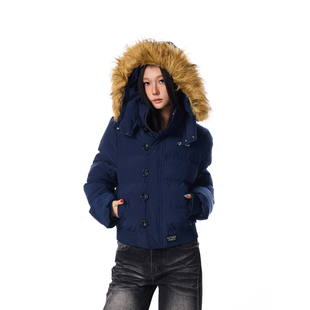 SREK美式复古辣妹毛领连帽棉服冬季新款设计感立领保暖上衣外套