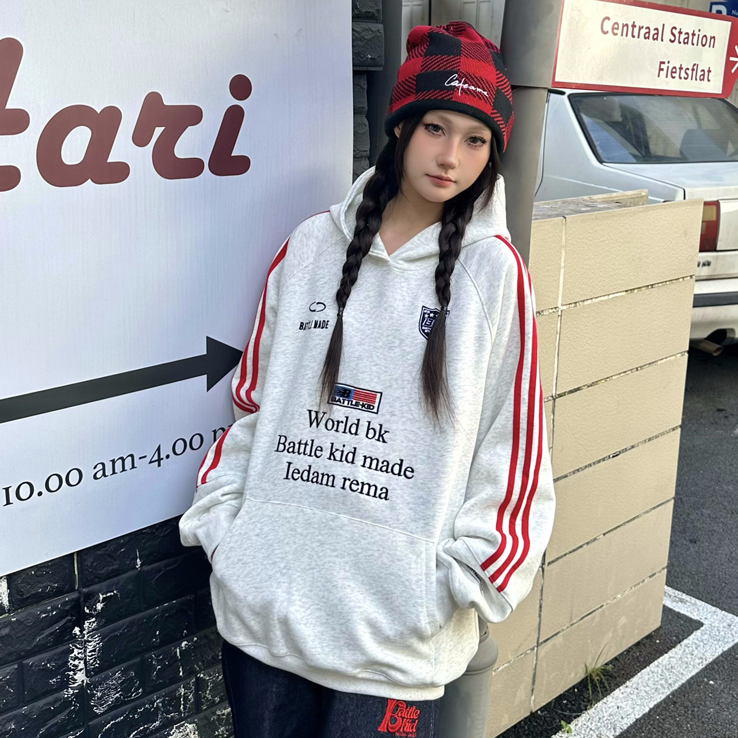 SREK美式复古徽章织带连帽卫衣