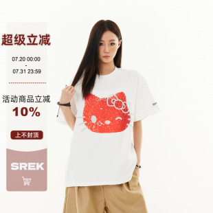 美式 SREK 新款 草莓凯蒂猫印花白色短袖 复古宽松上衣 t恤女ins夏季