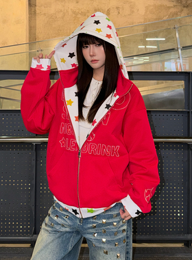 SREK休闲风长袖星星印花连帽卫衣男女宽松拉链开衫情侣帽衫外套