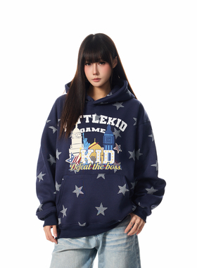 SREK新款美式复古帽衫星星字母连帽卫衣男女街头宽松百搭休闲上衣