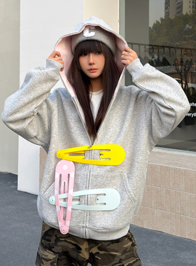 SREK新款设计感发夹印花连帽卫衣男女长袖宽松大廓形拉链开衫外套