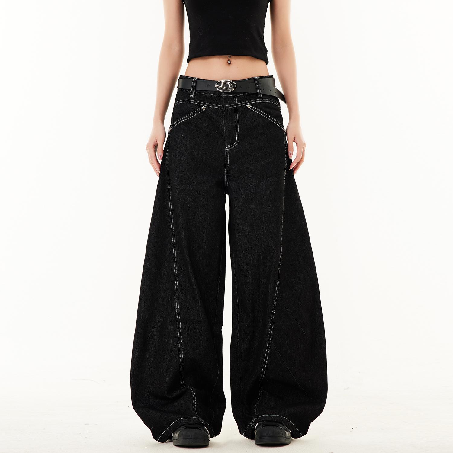 SREK美式复古解构拼接弯刀牛仔裤男女高街宽松直筒阔腿拖地长裤子