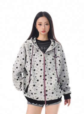 SREK秋冬美式复古星星满印灰色加绒连帽卫衣女宽松拉链开衫外套