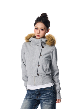 SREK 美式复古辣妹连帽毛领灰色卫衣外套女短款纯色休闲百搭上衣