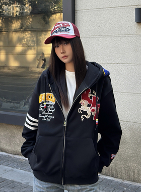 SREK新款美式字母刺绣开衫连帽卫衣男女春秋宽松加绒情侣拉链上衣