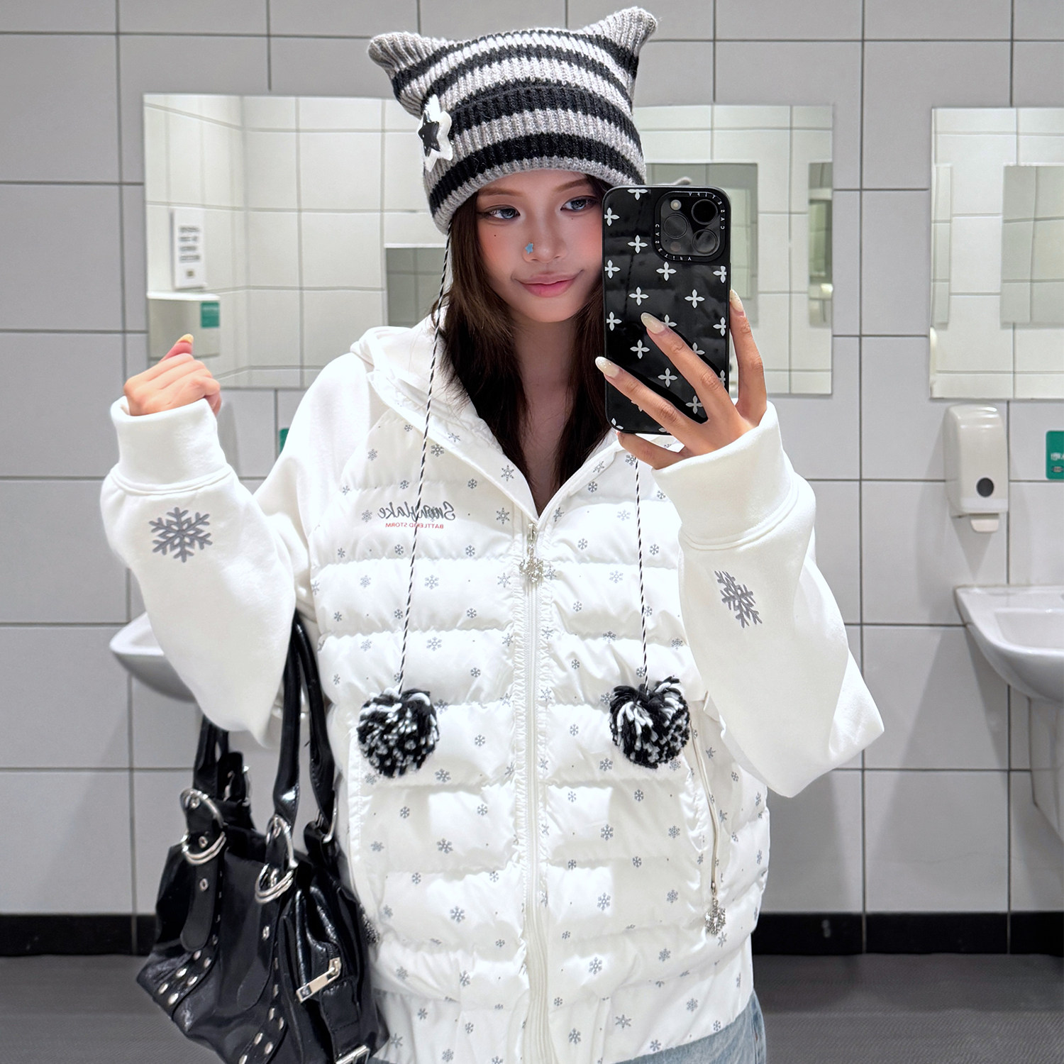 SREK雪花印花棉服男女2026新款宽松加厚保暖棉衣休闲风情侣外套