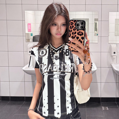 SREK美式潮流条纹球衣短袖T恤女2026修身运动酷辣风黑白字母上衣