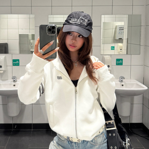 SREK美式复古简约条纹休闲短款上衣女 华夫格连帽拉链开衫外套