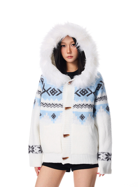 SREK拆卸毛领连帽费尔岛毛衣外套女秋冬新款宽松加厚情侣针织开衫