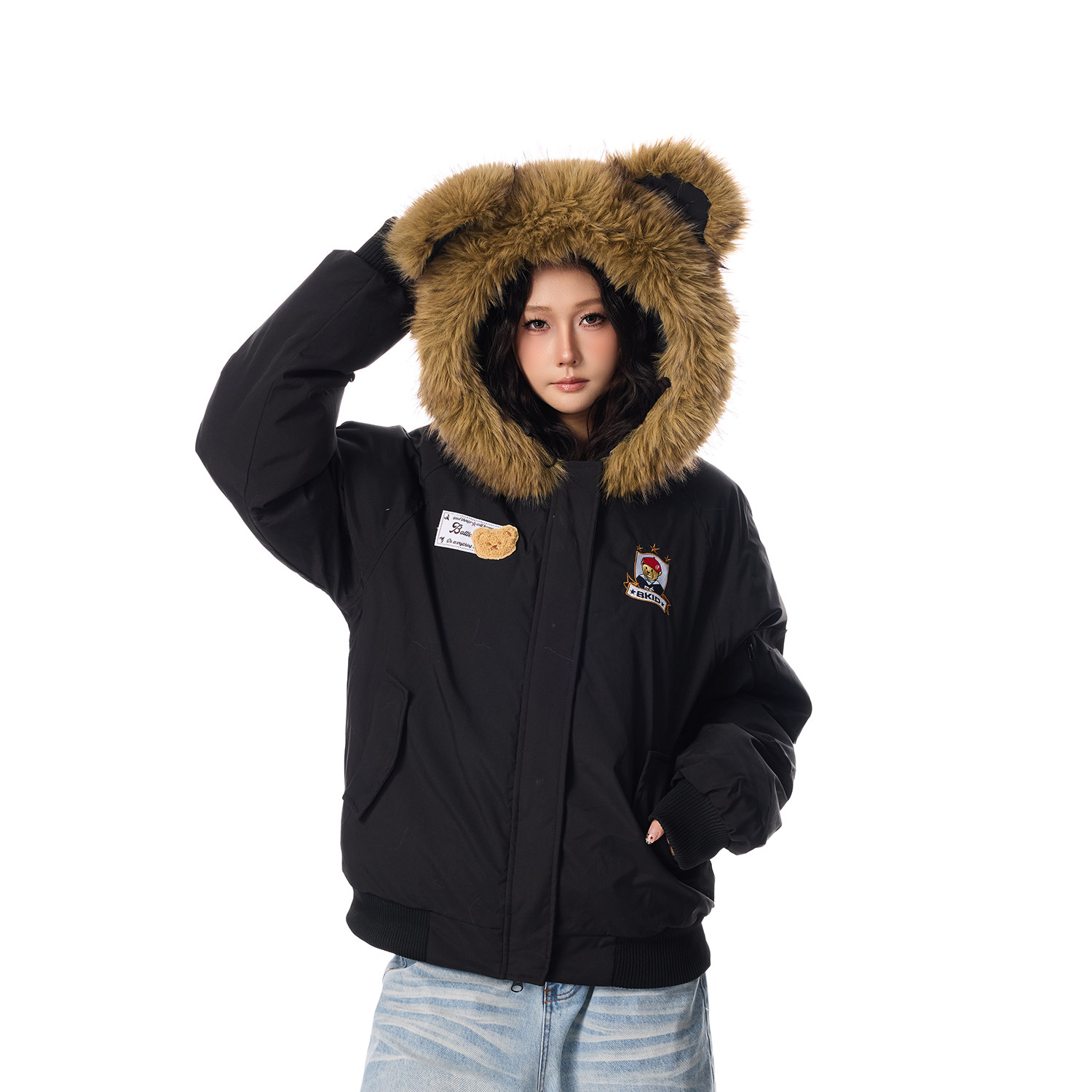 SREK趣味毛领小熊连帽卫衣男女情侣装秋冬学院风加绒开衫拉链外套