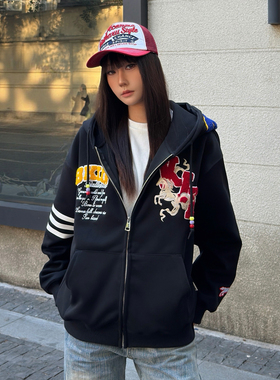 SREK新款美式字母刺绣开衫连帽卫衣男女春秋宽松加绒情侣拉链上衣