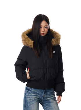 SREK高级感毛领连帽棉服女座山雕外套冬季短款保暖收腰显瘦棉衣