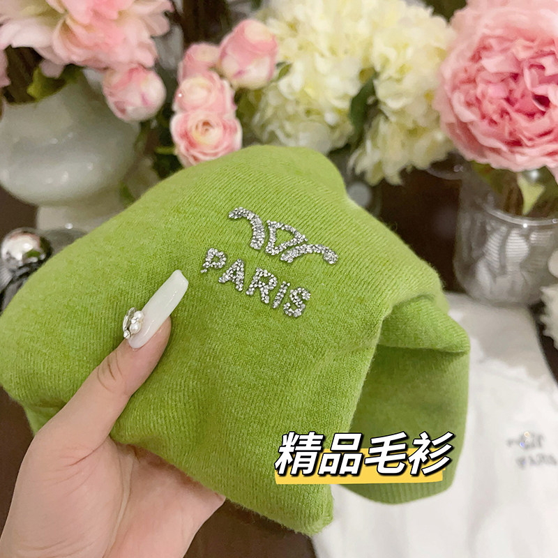 欧美精品2023秋冬圆领烫钻打底衫修身套头长袖绿色毛衣针织衫女