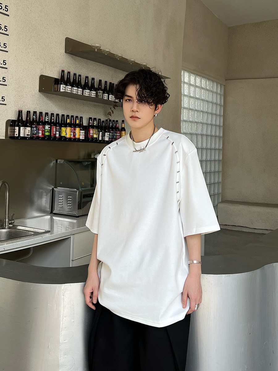 fei自制夏季新品纯色休闲短袖小金属设计ins潮垫肩宽松五分袖t恤