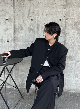 Fei自制2024新款黑色立领中式休闲西服解构双层镂空复古中山西装