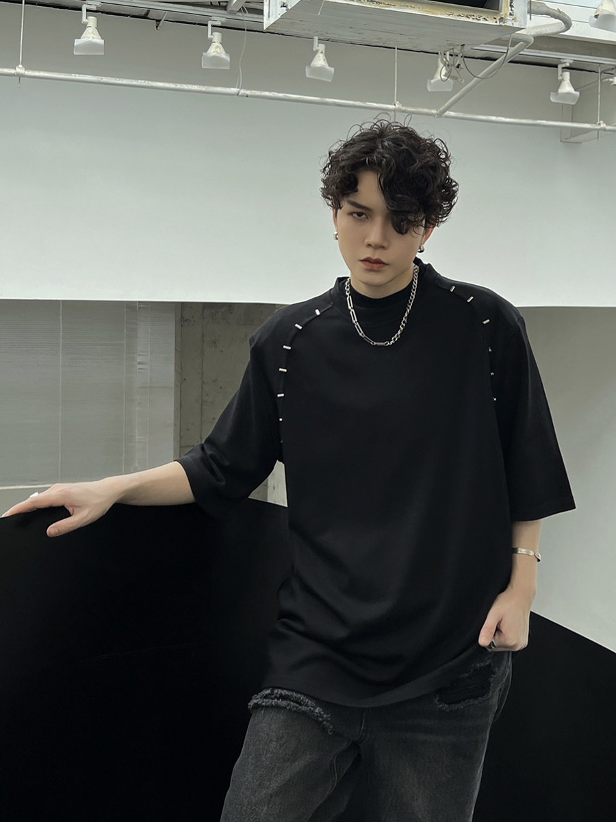 fei自制夏季新品垫肩设计简约短袖圆领小众高级感百搭宽松t恤上衣