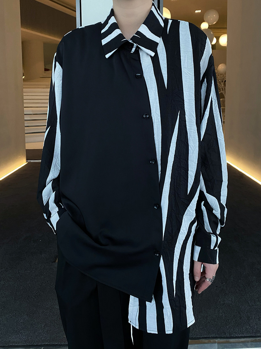 fei黑白条纹和服衬衫日系不规则剪裁上衣长袖拼接印花休闲风男女