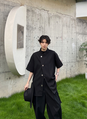 Fei自制夏季小众黑色新中式纽扣衬衫斜门襟设计立领短袖休闲衬衣