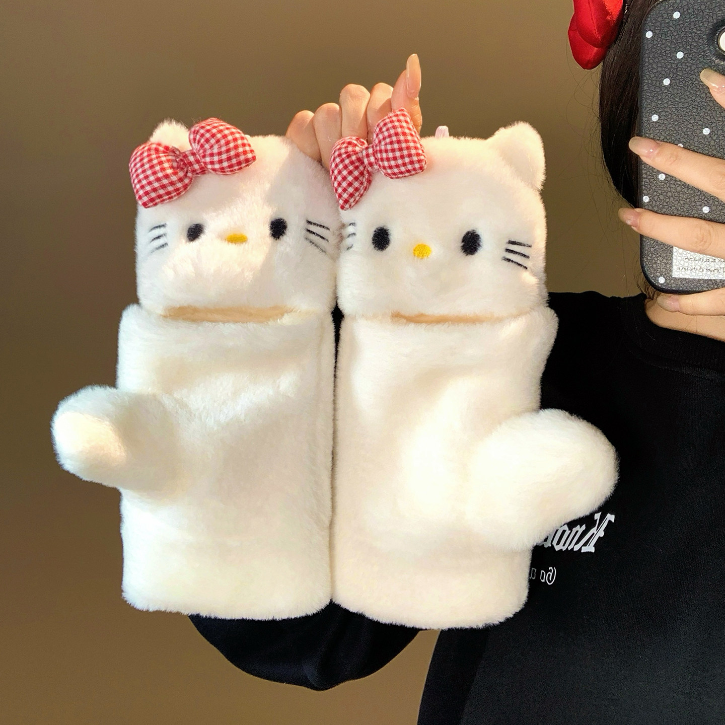 可爱猫咪翻盖半指毛绒手套