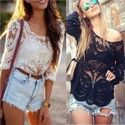 Black White Long Sleeve Lace Crochet Tee Top T shirt 2105