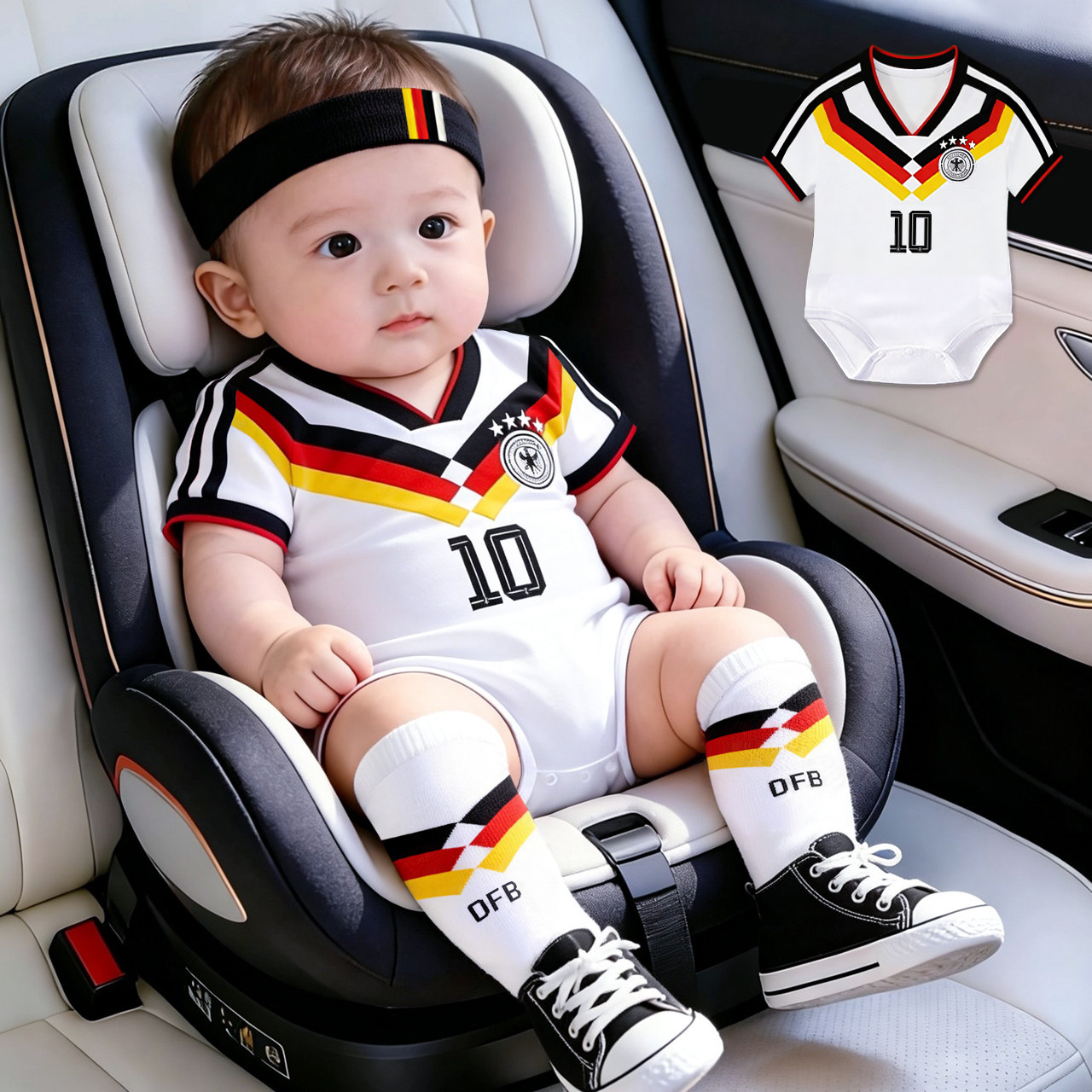 婴儿球服连体衣夏季宝宝百天拍照哈衣德国队足球服短袖纯棉包屁衣