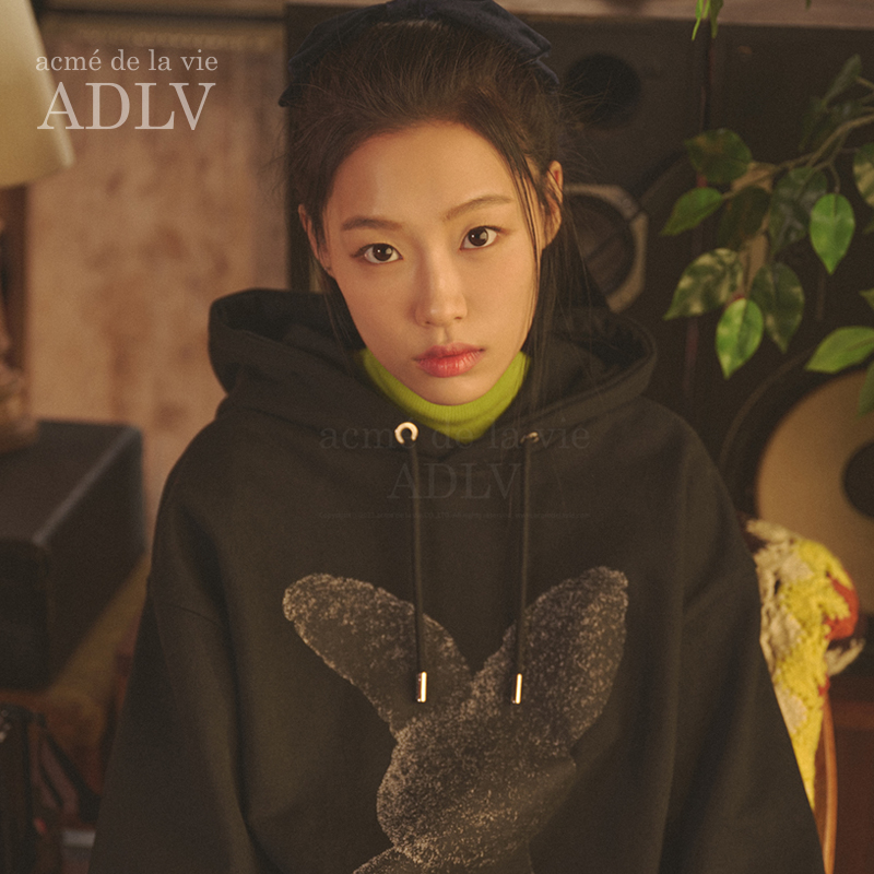 ADLV黑色毛茸茸兔子连帽衫潮流宽松休闲卫衣男女同款经典百搭上衣