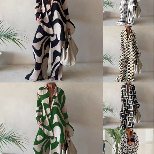 欧美新款印花套装宽松长袖加直筒连体裤连衣裙休闲度假厂家直销