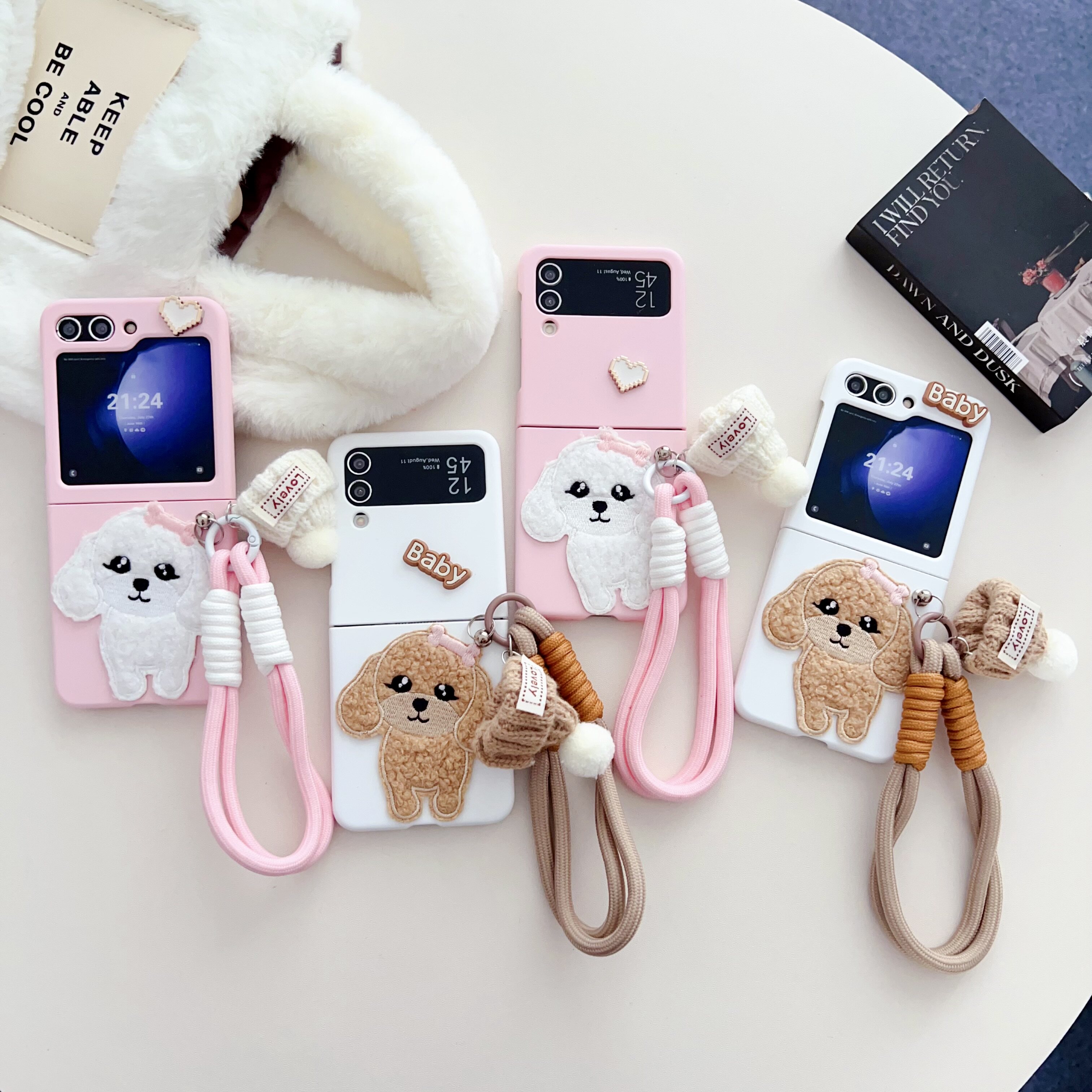 爱心白色小狗毛绒手环三星zflip5手机壳折叠屏zflip4保护套zflip3防摔硬壳F7310个性创意W24 Flip时尚女款