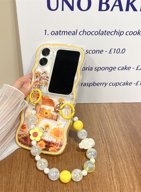 紫色月亮黑猫向日葵猫适用oppofindn2flip手机壳软壳硅胶oppo find n2 flip全包防摔卡通带手链FindN2Flip