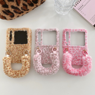 秋冬毛绒豹纹适用华为Purax手机壳pocket2小米MIXFlip荣耀vflip摩托罗拉Razr60手链oppofindn3flip套N2腕带