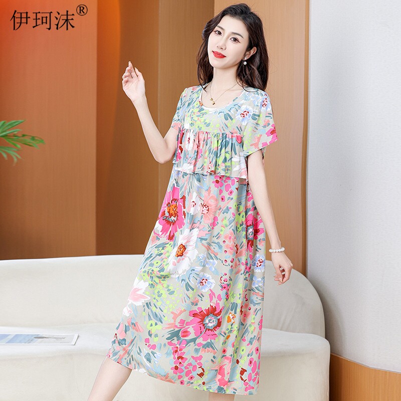 棉绸睡裙夏季薄款女士连衣裙人造绵绸睡衣遮胸防凸点居家服可外穿