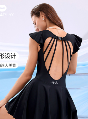 泡温泉泳衣女保守显瘦遮肚子黑色露背泰式独特连体裙摆高级感泳衣