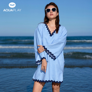 安泊来毛巾衣女泡温泉浴袍速干斗篷浴巾竖条纹海边度假风罩衫欧美