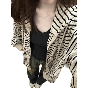 美式复古条纹开衫拉链长袖卫衣女春秋连帽宽松oversize慵懒风外套