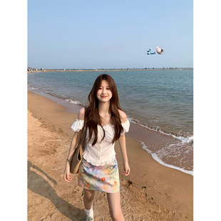 法式镂空一字肩两穿泡泡袖衬衫女夏季短款掐腰显瘦纯欲风气质上衣