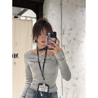 美式灰色斜领字母印花长袖t恤女