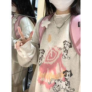 复古长袖 春秋动物小狗圆领卫衣女秋冬ins国潮牌宽松美式 加绒上衣