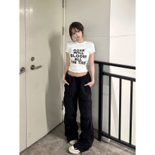 正肩短袖白色t恤女夏季新款休闲百搭修身显瘦辣妹纯棉短款上衣潮