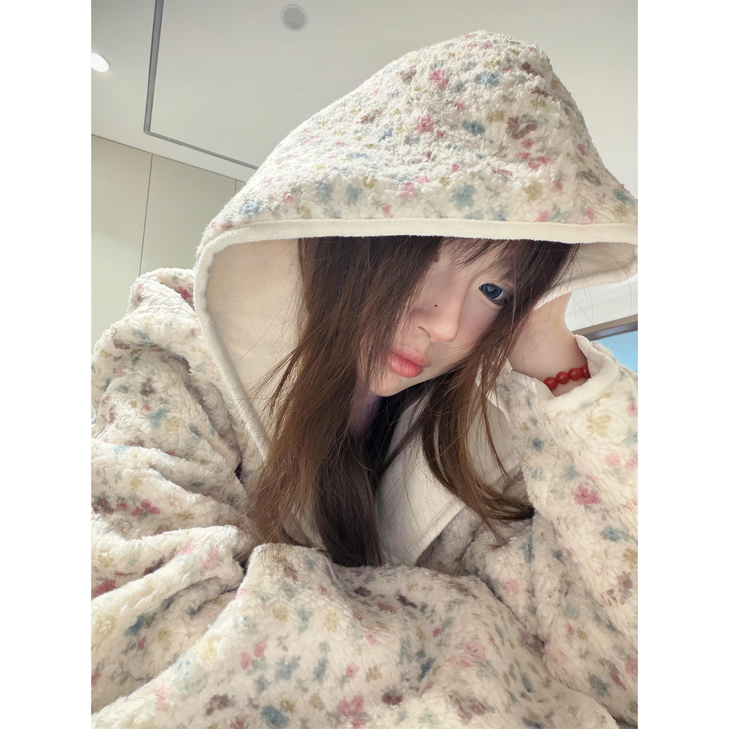 韩系碎花连帽羊羔毛外套女冬季洋气减龄居家外穿毛绒加厚保暖上衣