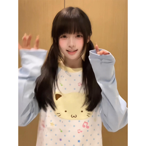 甜妹奶蓝色猫咪贴布撞色长袖t恤