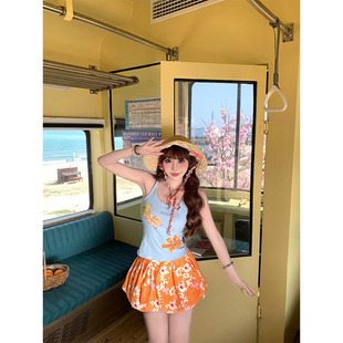 泰兰德穿搭花朵工字吊带背心女夏季外穿内搭花苞半身裙短裙两件套