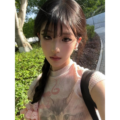 美式甜辣妹粉色正肩短袖t恤女夏