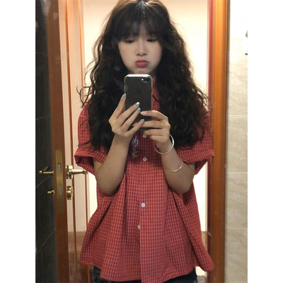 美式复古红色格纹短袖衬衫女夏季