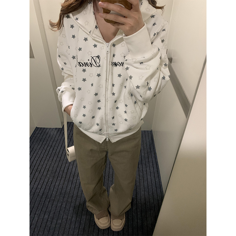 美式星星满印翅膀刺绣连帽卫衣女秋冬加绒加厚小个子拉链开衫外套