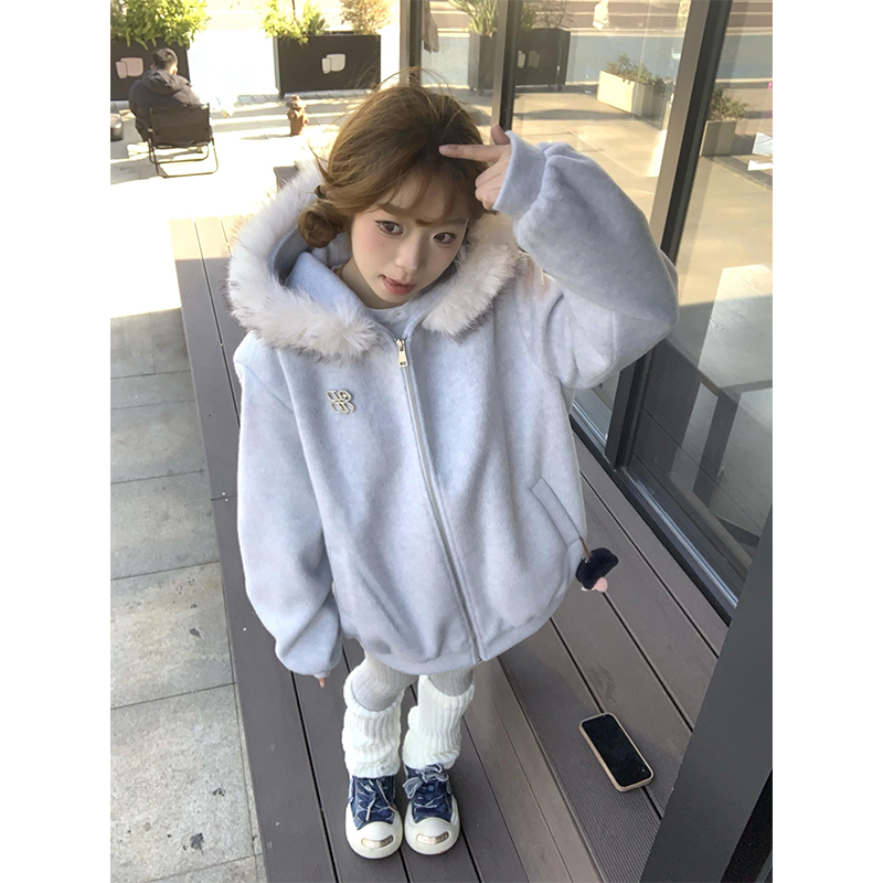 美式复古毛领连帽拉链开衫卫衣女